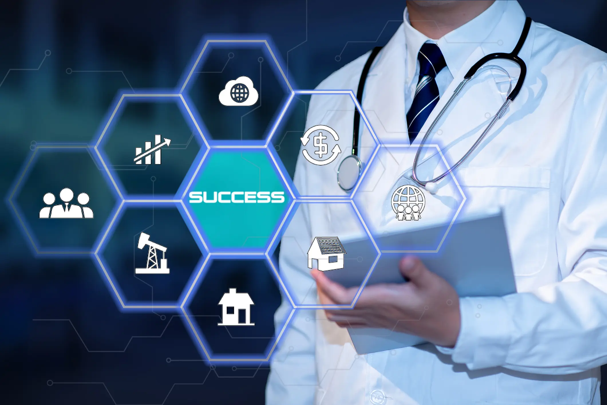Doctor with success and business icons.