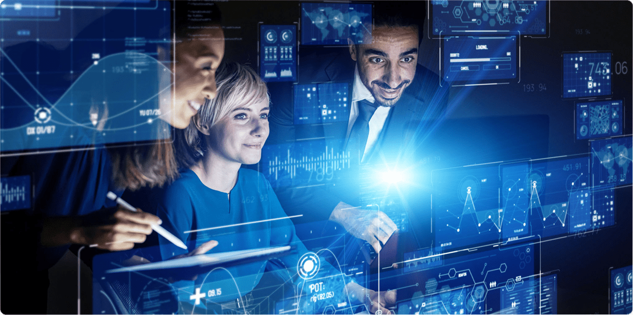 People analyzing futuristic digital data screens.