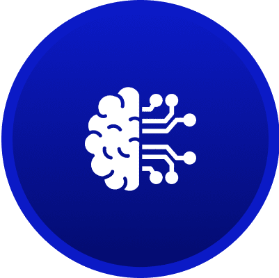 Brain and circuit icon on blue background.