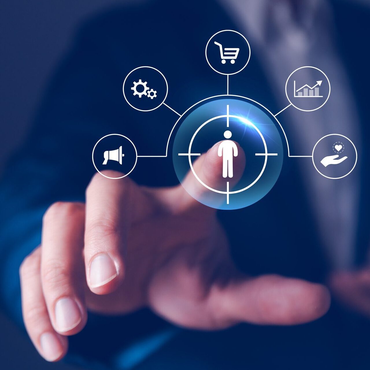 Hand pointing at digital customer-centric interface.