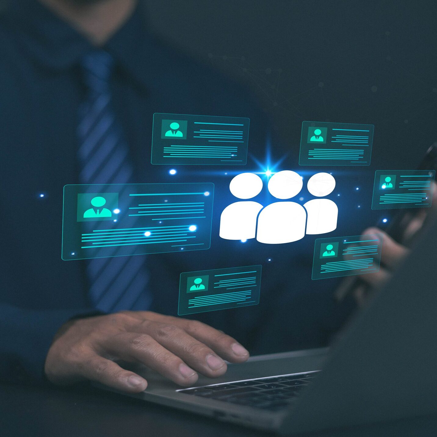 Businessman using digital networking interface.