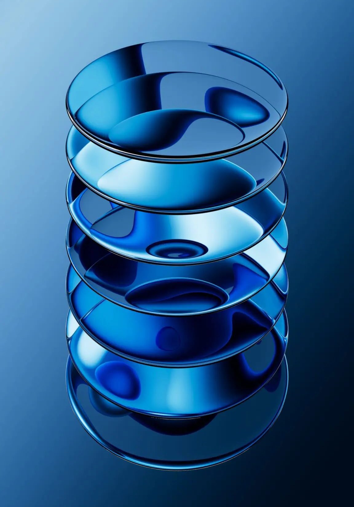 3d rendering. Round glass lenses with reflective surface floating on air. Futuristic abstract background. Modern aesthetic concept, in shades of blue